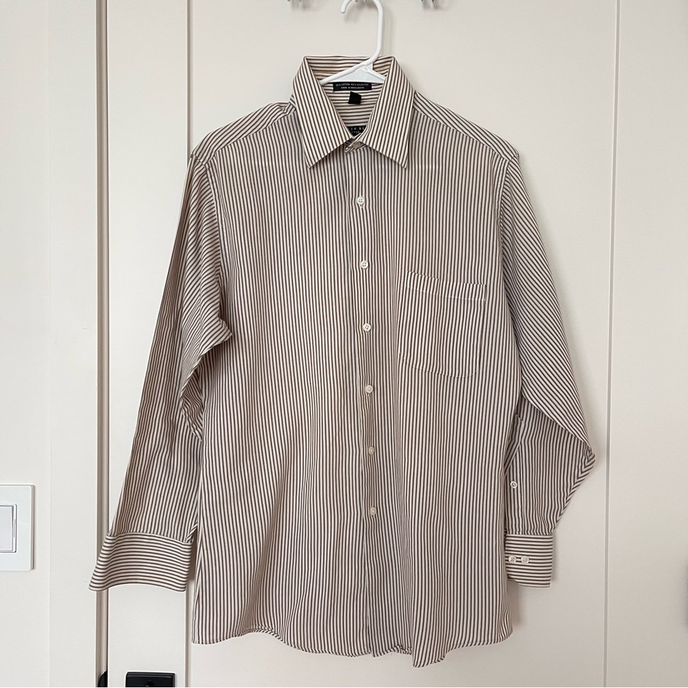 Geoffrey Beene Tan and White Striped Button Down Shirt